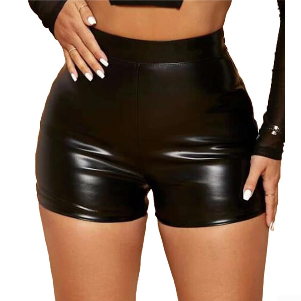Short Effet Mouillé Cuir Verni Taille Haute Vilgftyiet - Mini Short Femme Club Danse Sport S-2XL