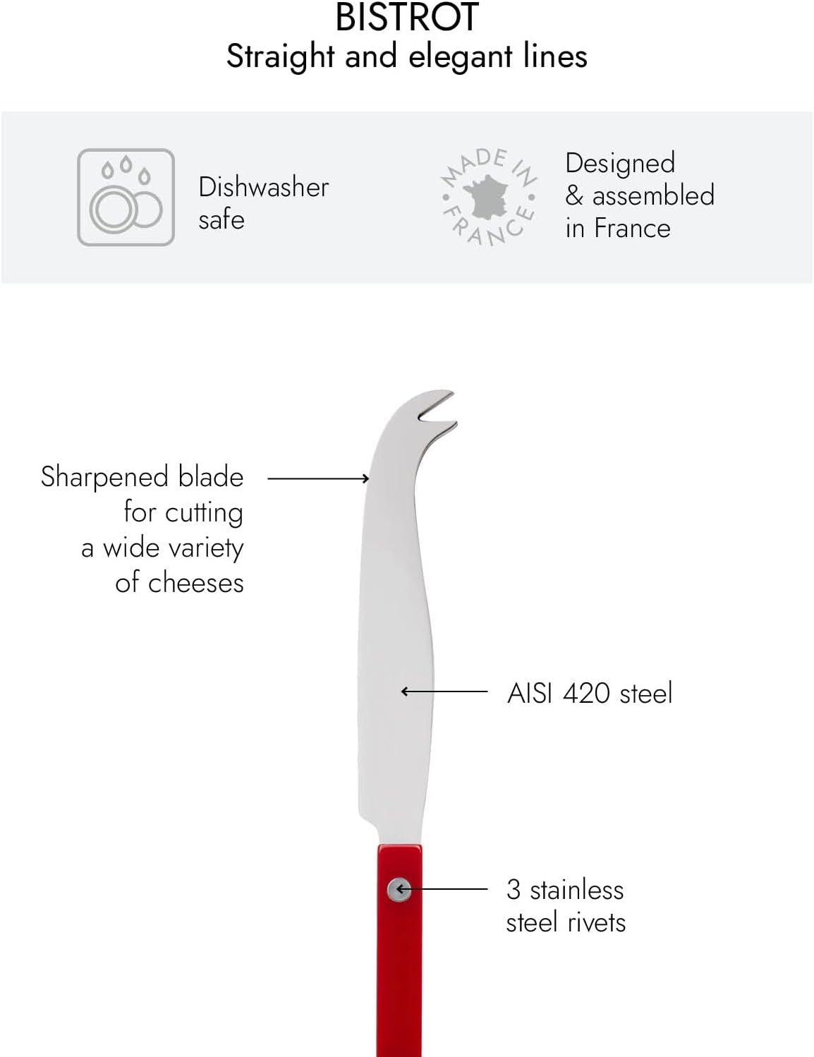 Sabre Paris - Cheese Knife 9.4 inches - Bistrot Collection - All Cheeses - Stainless Steel & Nylon - Dishwasher Safe - Burgundy - Brilliant Finish