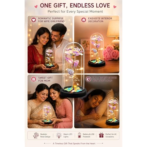 Image of Divyakosh Rose Glass Dome Lamp | Aesthetic Room Decor Light for Bedroom, Bedside & Living Room | Cute Romantic Gift for Girlfriend, Wife & Couples | Modern Decorative Showpiece