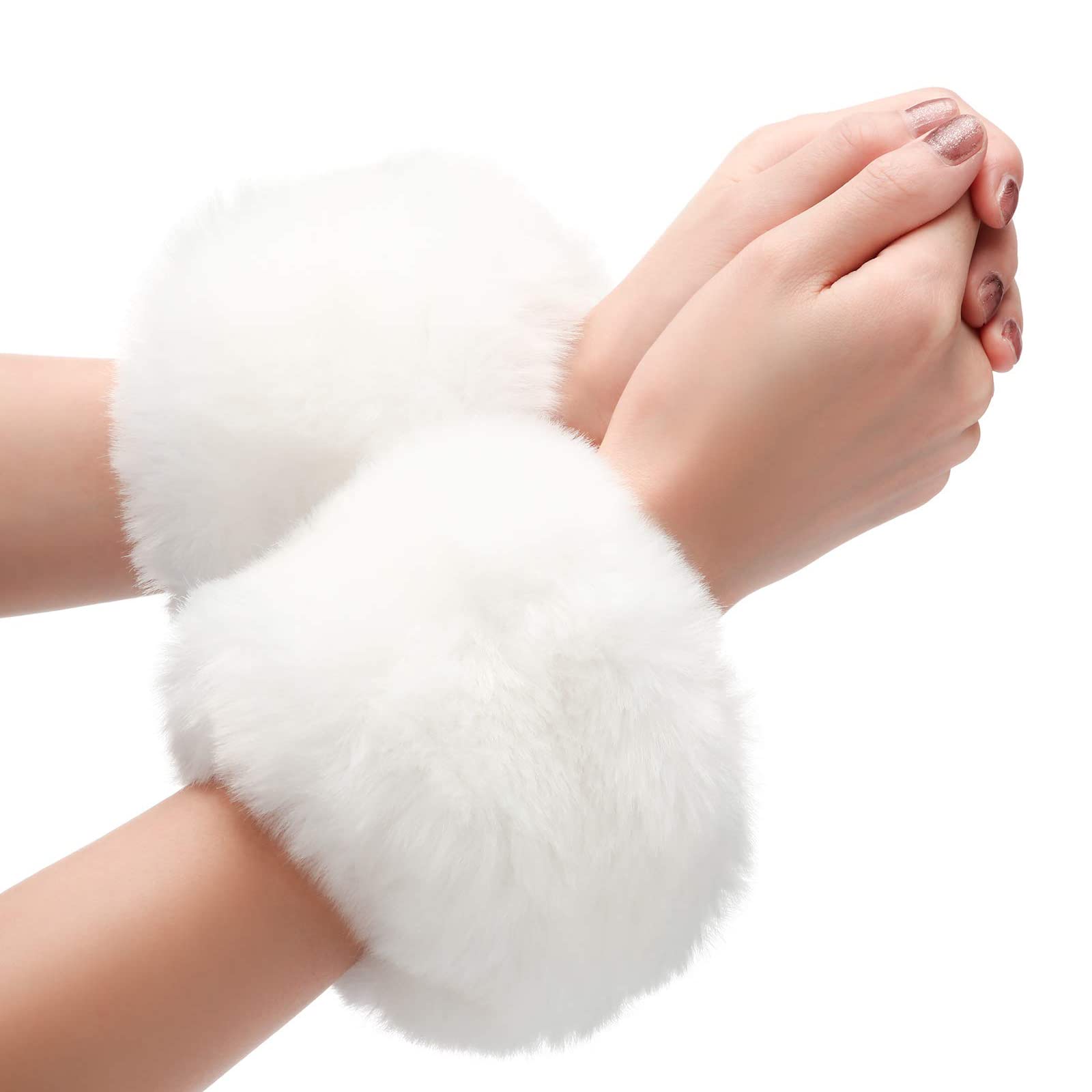 CSXMONEY 1 Pair Fluffy Faux Fur Wrist Cuffs, Winter Warmers, for Women, White