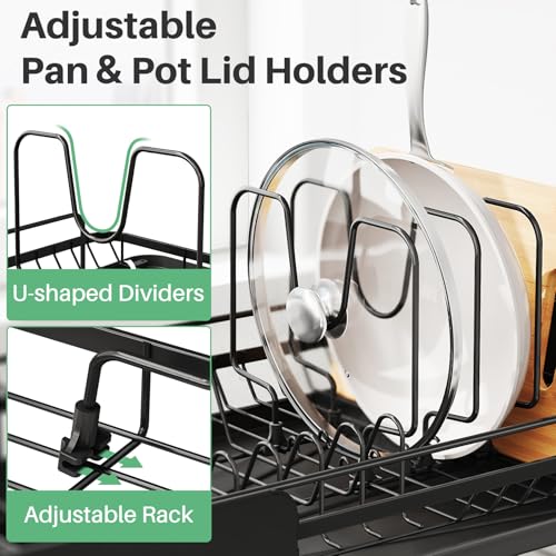 Image of Large Expandable Dish Drying Rack for Kitchen Counter, 19.3-29.4 in, Black | Family Size Capacity, Adjustable Dividers for Pan, Lid & Cutting Board, Stainless Steel, Rotating Spout, Utensil Holder