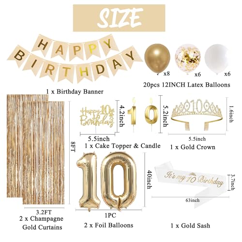 Image of Trgowaul 10th Birthday Decorations for Girls, Banner, Sash and Crown, Cake Topper, 10 Number Balloon, Fringe Curtains, Champagne Gold 10th Birthday Party Supplies
