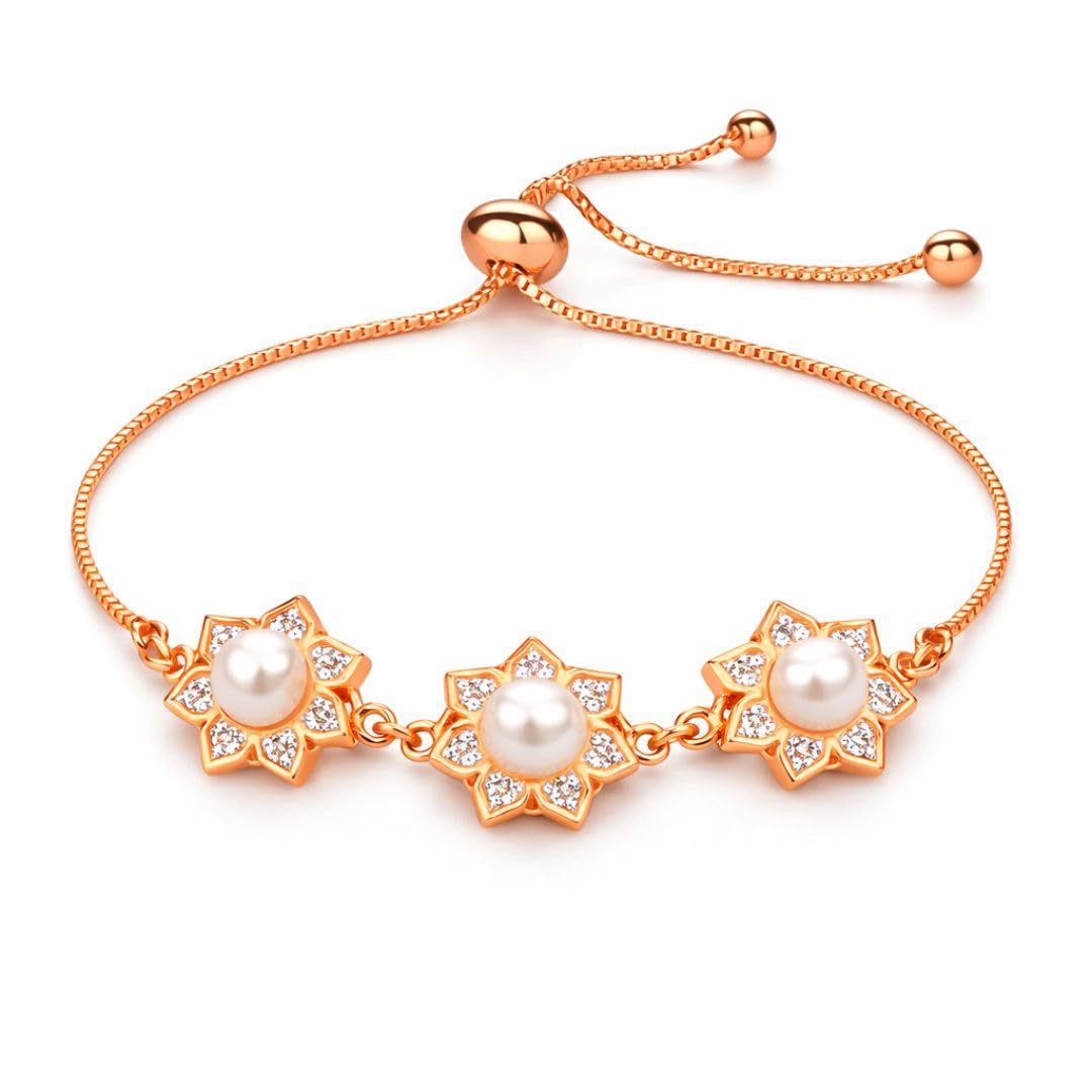 Nilu's Cillection Rose Gold Plated Floral Pearl Bracelet with Crystal Petal Design For Women And Girls-image-43