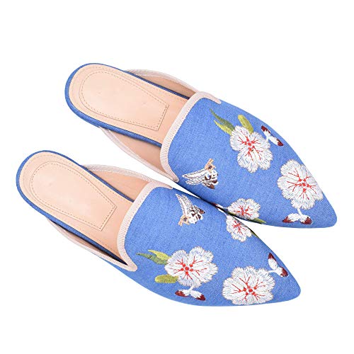 Image of Fericzot Women's Velvet Backless Pointed Toe Slip On Loafers Flats Embroidery Mule Slippers Shoes