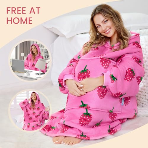 MIZZEO Microfiber Wearable Blanket, Oversized Light Wearable Blanket Hoodie for Adults, Cozy Soft Warm Plush Hooded Blanket Gifts for Women, One Size Fits All (Strawberry)