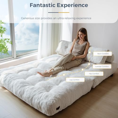 Image of MAXYOYO Folding Sofa Bed, Convertible Chair Bed with Pillow | Foldable Couch with Back Support, Portable Fold Out Chair Comfy Floor Sofa for Living Room Bedroom, Beige, Double