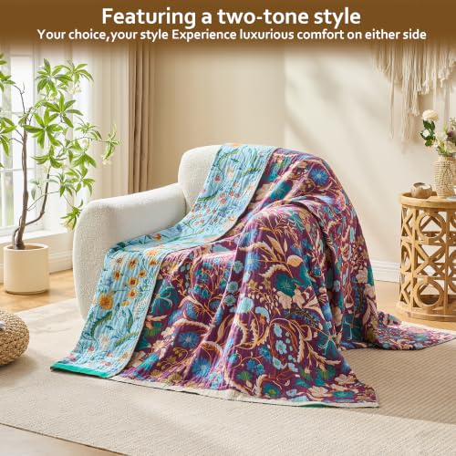 Image of VANJOROY King Boho Throw Blanket, 100% Organic Cotton Breathable Skin-Friendly Ultra Soft 91 inch x 98 inch Bed Quilt Blue Throw - Floral Rustic Luxury Reversible Blanket for Sofa Couch Chair and Gift
