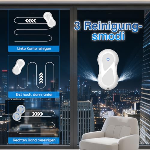 Fensterputzroboter, 5600 Pa Fensterroboter mit Fernbedienung, 3 Reinigungsmodi, mit Automatische Doppel-Sprühfunktion, Intelligente Navigation, mit 60ML Tank, für Glas und Glastüren (Weiß A)