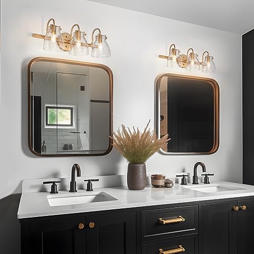 Image of KSANA Gold Bathroom Light Fixtures, 3-Light Modern Vanity Lights for Powder Room, Brass Bathroom Vanity Lights Over Mirror with Clear Glass Shade
