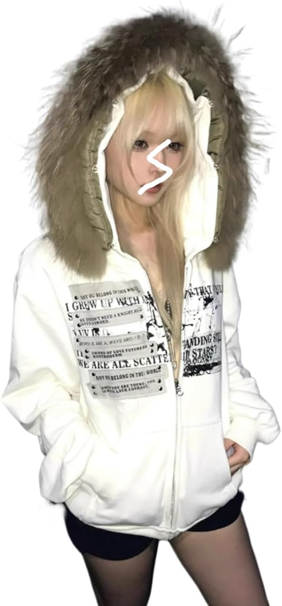ジャケット・アウター 00s gothic punk lolita fur jacket y2k Y2k Zip up Hoodie Fur Graphic Jacket Emo Goth Grunge Martinique | Ubuy