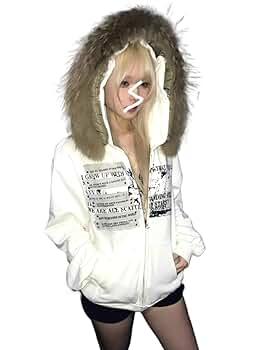 Amazon.com: KFVIM Y2k Zip up Hoodie Fur Graphic Jacket Emo