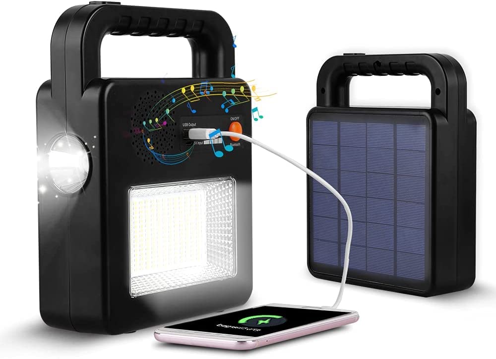 Solar Working Light Multifunctional Rechargeable LED Camping Lantern Outdoor USB/Solar Charging Bluetooth Speaker with 5 Lighting Modes, Portable Emergency Flashlight for Repairing Hiking Fishing