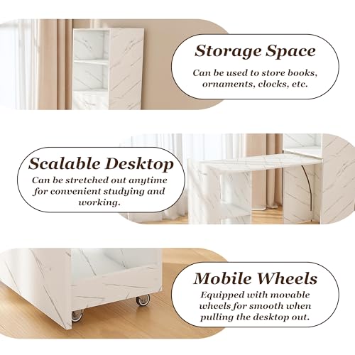 Image of Foldable Office Desk, Fold Out Convertible Hidden Murphy Computer Desk with Storage Shelves, Multi-Function Folding Writing Table for for Small Spaces, Home Office (White Marble)