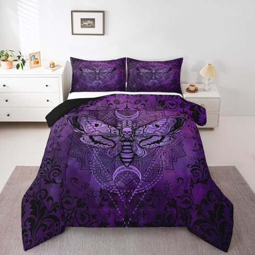 Image of Feelyou Boys Girls Purple Damask Duvet Insert Twin Size, Boho Death Moth Skull Comforter Set Gothic Decor Bedding Set Kids Teens Bedroom Decor 2Pcs