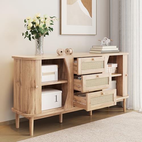 DACHETOU Aparador 80 x 140 cm, de ratán con puertas correderas, estantes ajustables y placa redondeada, color madera