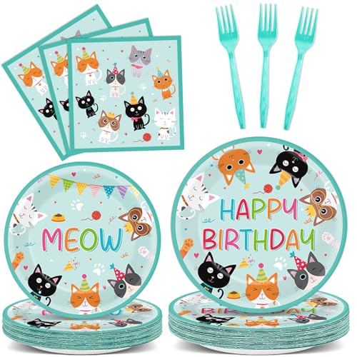 96Pcs Cat Birthday Party Decorations Cats Themed Tableware Green Kitten Plates Napkins Cartoon Kitten Paper Dessert Dinnerware Party Supplies for Boys Girls Meow Cat Birthday Serves 24 Guests