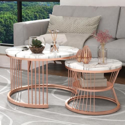 Image of Brown Art SHOPPEE Round Coffee Table Home Decor Furniture Coffee Table Sets,2 Piece MDF Top,Stacking Nesting Table with Iron Frame for Living Room Living Room or Lounge (Rosegoid White)
