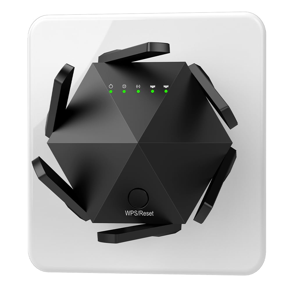 Wzmacniacz do Internetu WLAN, wzmacniacz sygnału z technologią podwójnego pasma (1200 Mbit/s) i 6 regulowanymi antenami do użytku wewnętrznego i domowego, czarny