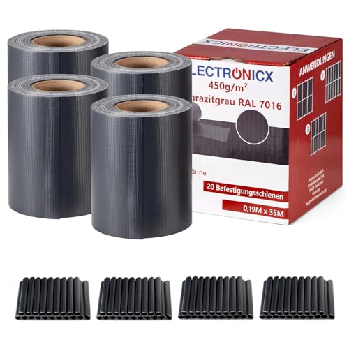 Electronicx PVC Sichtschutzstreifen für Gartenzaun - Anthrazitgrau (RAL 7016), 140m (4 x 35m) x 19cm, Hochwertige 450g/m² UV-beständige Sichtschutzmatten, Außenbereich Sichtschutz mit 80 Clips