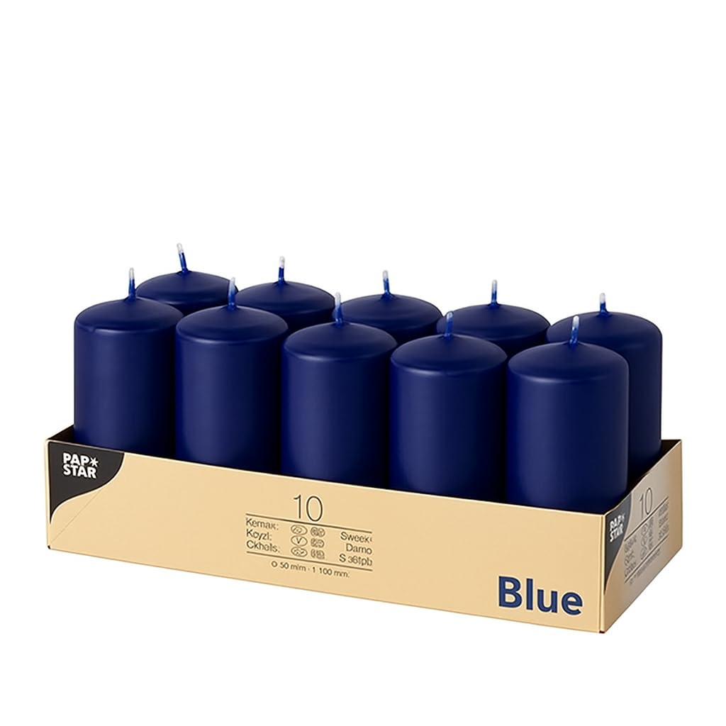 ZINNIAUK Blue Papstar Pillar Candles Pack of 10 (40mm x 90mm) โ Unscented Small Decorative Candles for Home, Weddings, Parties & Events โ Long-Lasting Dripless Wax Table Centrepieces & Elegant Room