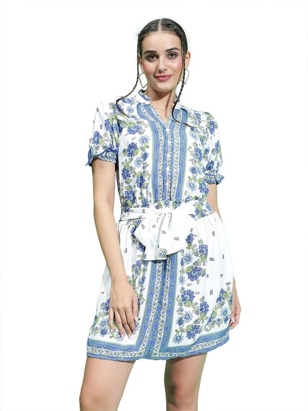 Image of oxolloxo Women Scarf Floral Print with Elasticated Waist Tie-Knot Belt Detail Dress with Short Sleeve