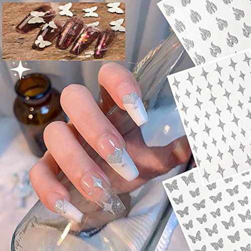 Ktaabtr Nail 10 Sheets Silver Nail Art Stickers Glitter Silver Nail Design Silver French Tips Butterfly Line Heart Star Bear Nail Decals For Women Girls Butterflies French Nail Decoration Stickers #TOP5