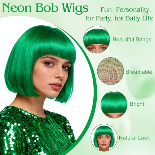 Image of MEEZY 2 Pcs Colorful Bob Wigs with Bangs Green Purple for Women, Neon Funny Wig Short Bob Hair with Heart Sunglasses Hair Cap for Halloween Costume Cosplay Birthday Bachelorette Party Carnival