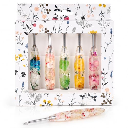 Image of Katech 5 PCS Crochet Hook Set with Case (4.0mm, 5.0mm, 5.5mm, 6.0mm, 6.5mm) | Hand-Polished Stainless Steel Crochet Hooks with Dried Floral Grip, Ergonomic Crochet Hook for Arthritic Hands & Beginners