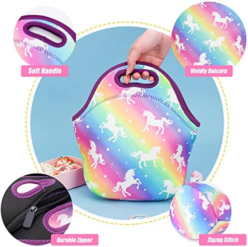 Rainbow Unicorn Lunch Bag - Neoprene Insulated Lunch Tote for Girls Kids School Picnic Work Travel Camping Lunch Box Bags Food Carrying Bento Lunch Handbag with Zipper