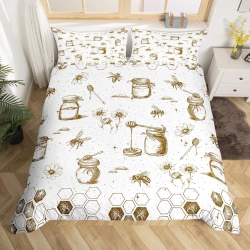Feelyou Honeycomb Bedding Set Queen Size Kids Bee Print Geometrical Comforter Cover Set For Boys Girls Teens Hexagonal Floarl Flowers Duvet Cover Beehive Bedspread Cover Room Decor cover