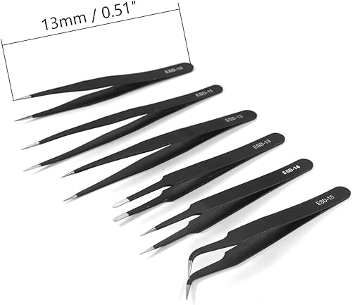 Miniatura 9 de Utoolmart Juego de pinzas de precisión, 6 en 1, de acero inoxidable, antiestáticas, industriales, ESD, para soldadura electrónica, reparación de