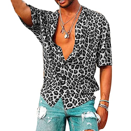 Chemise rétro imprimé léopard gris homme à manches courtes taille L
