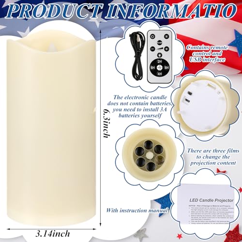 Image of 4th of July Flameless Candle Patriotic Projector Light 250th Anniversary Decoration LED Candle Battery Operated Night Light with Remote Timer Independence Day Memorial Red White Blue Table Decor