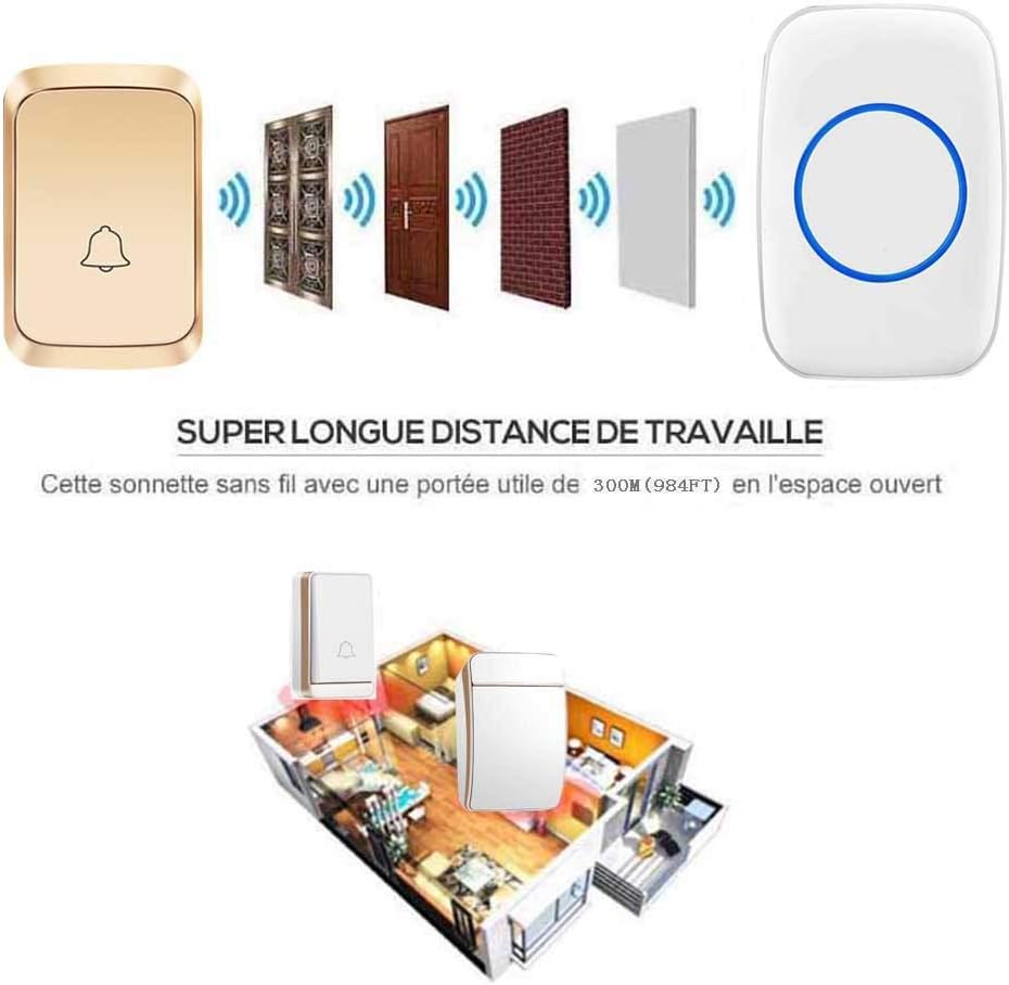 Wireless Doorbell Waterproof, 58 Music Melody/Led Flashing Reminder Remote Doorbell, 4 Transmitters and 1 Receiver, 4 Volume Levels / 300M Range, -220,White,Black,Black