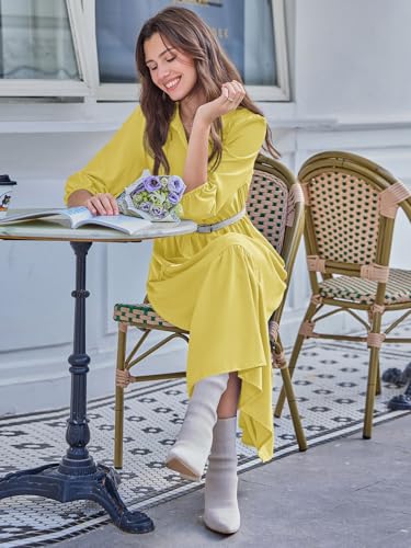 Image of Wenrine Womens Casual 3 /4 Sleeve Shirt Dress Button Down V Neck Tiered Collared Flowy Maxi Dress