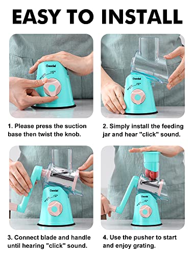 Image of Geedel Rotary Cheese Grater, Kitchen Mandoline Vegetable Slicer with 3 Interchangeable Blades, Easy to Clean Rotary Grater Slicer for Fruit, Vegetables, Nuts