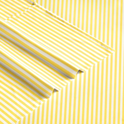 Image of Wake In Cloud - Striped Bed Sheets, 4-Piece Sheet Set, Ticking Vertical Pin Stripe Modern Farmhouse Pattern Printed Bedding, Deep Pocket, Yellow, Full Size