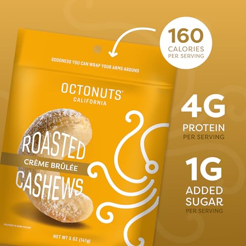 Image of Octonuts Creme Brulee Cashews - Roasted in Almond Oil (5oz) Sweet & Crunchy Plant Based Protein - Healthy Snack for Adults & Kids - Vegan, Non-GMO & Dairy Free