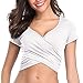 Produktbild YEBIRAL Sexy Oberteil Damen V-Ausschnitt Kurzarm Shirt Wickelbluse Push up Sommer Oberteil Bauchfrei Tops Einfarbig T-Shirt(EUR-34/CN-XS,Weiß)