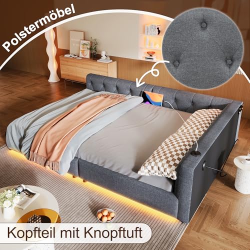 Gegtuon Schlafsofa Doppelbett Polsterbett 140x200 mit LED-Licht, USB-Bett Sofabett mit Kopfteil und Armlehnen, Tagesbett Jugendbett Bettgestell mit Lattenrost, ohne Matratze, Leinen, Grau
