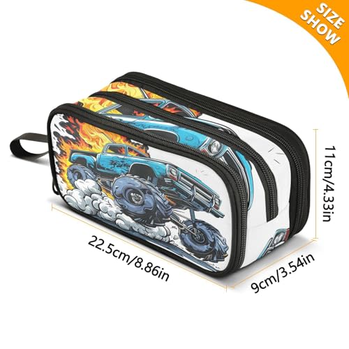 Image of Truck Flame Pencil Case Box Boys Girls Large Pencil Pouch with Zipper Compartments Big Capacity Stationery Pen Bag Organizer for Kids Teens Adults School