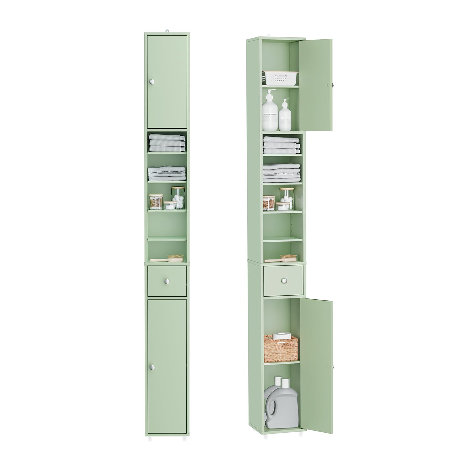 SoBuy Mobile Bagno Alto e Stretto, Mobiletto Bagno Salvaspazio Mobiletto a Colonna da Terra con Ripiani Regolabili e Cassetto Armadietto per WC e Lavanderia 20×20×180 cm Verde Chiaro BZR34-​II-​GR