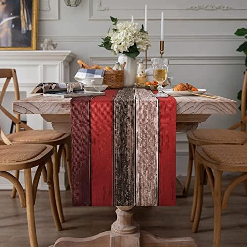 Hanrunsi Red Table Runner 33 X 183 cm Rectangle Coffee Table Runner Christmas Brown Table Runner Farmhouse Retro Rustic Barn Wood Texture Decorations for Kitchen Home Dining Table Decor Linen