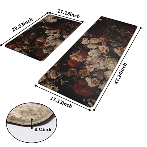 Rempry Floral Kitchen Rugs And Mats Set Of 2, Vintage Flowers Kitchen Floor Mats, Cushioned Anti-Fatigue Bohemian Standing Mat For Kitchen Sink Office #TOP2