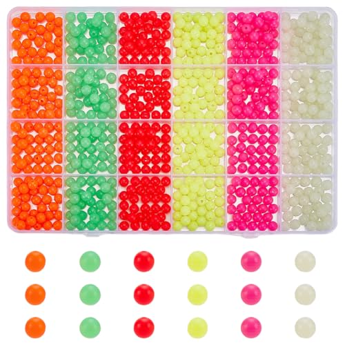 FINGERINSPIRE 720 Pcs Plastic Fishing Line Beads 5.5mm Diameter with 1.6mm Hole 6 Colors Luminous Routine Hard Crashworthy Round Beads for Freshwater Saltwater Fishing Rig Making - with Storage Box