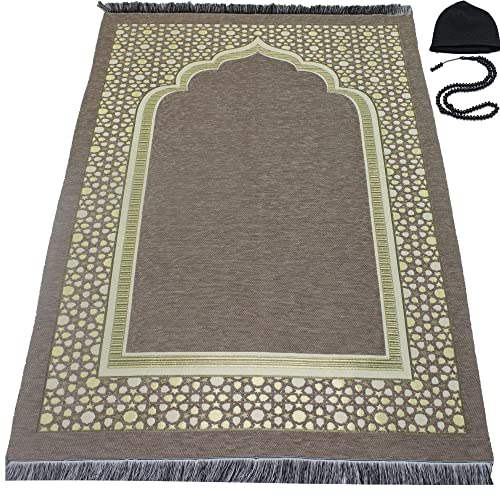 Modefa-Turkish-Islamic-Prayer-Mat-Thin-Woven-Chenille-Sajjadah-Intricate-Praying-Rug-Ramadan-Eid-Gift-Traditional-Muslim-Janamaz-Sajada-for-Men-Women-Geometric-Selcuk-Star-Beige