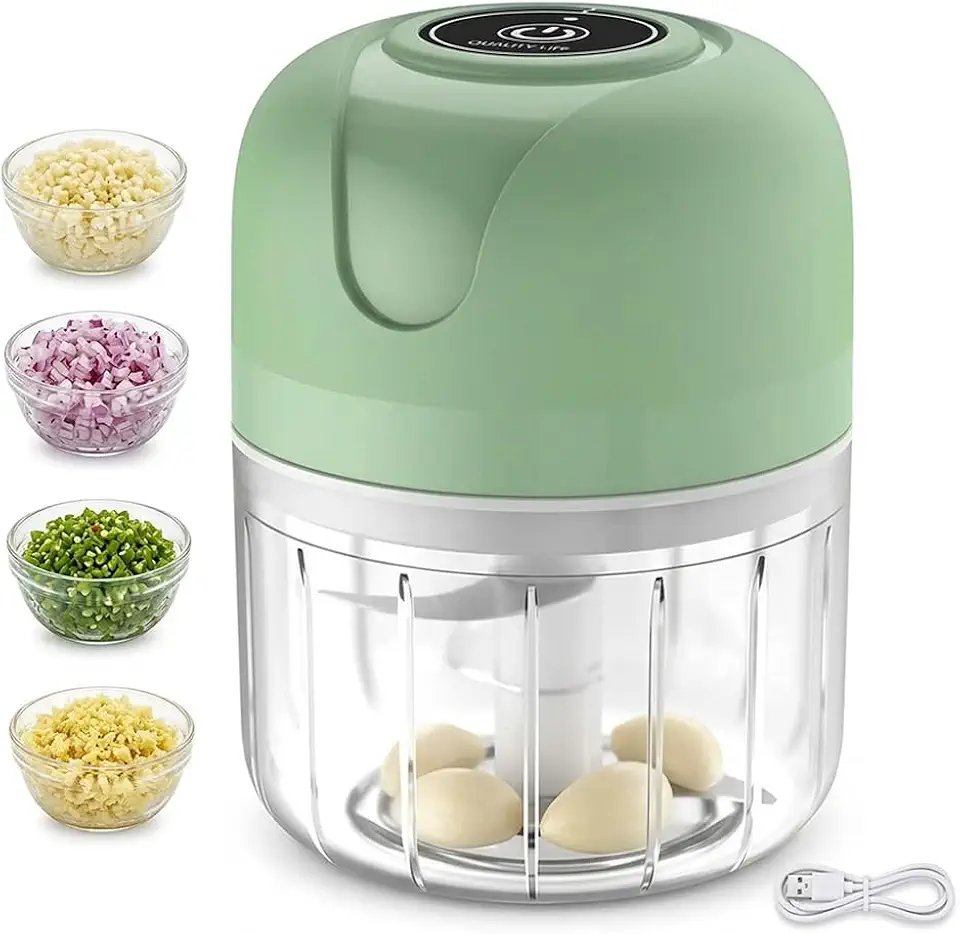 Mini Processador Triturador de Alimentos Elétrico - 250ML Processador Automático, com 3 Lâminas de Aço Inoxidável, Sem fio Potente, Recarregável USB, Ideal para Alho Cebola Temperos Frutas, Verde