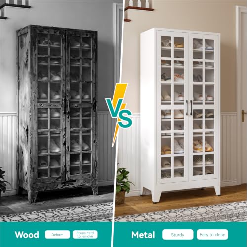 Image of Tall Shoe Cabinet with Doors and Adjustable Shelves | 9-Tier Metal Shoe Storage 36 Pairs of Shoes,Large Shoe Rack,Storage Cabinet for Entryway Doorway Garage Living Room,White