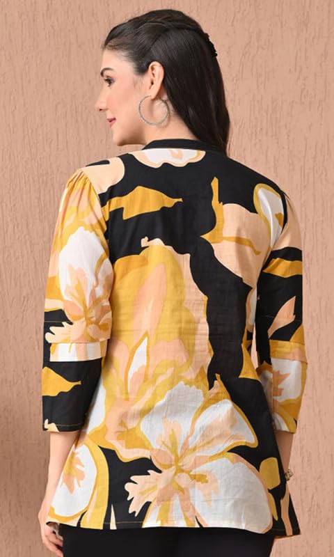 Image of Sun Fashion And Lifestyle Women's Cotton Printed Top Abstract Print Pleated Yoke Tunic Casual Regular Fit Shirt for Office (KT67 Yellow)