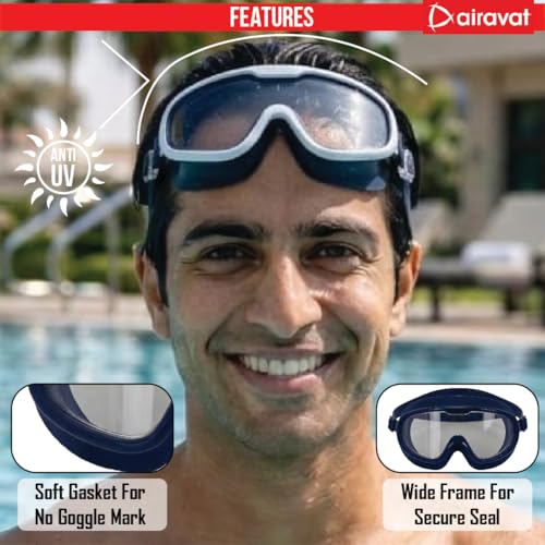 Image of AIRAVAT Shore swimming goggles, polycarbonate goggles, No Leaking Anti-Fog Pool Goggles for Adult Men Women Youth, UV Protection, 180 Clear Vision, Free size (Navy Blue Combo)